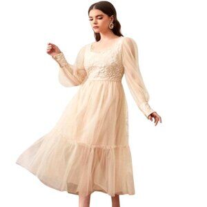 Fairycore Pastel Goth Damask Lace Renaissance M Midi Dress Sheer Long Sleeves